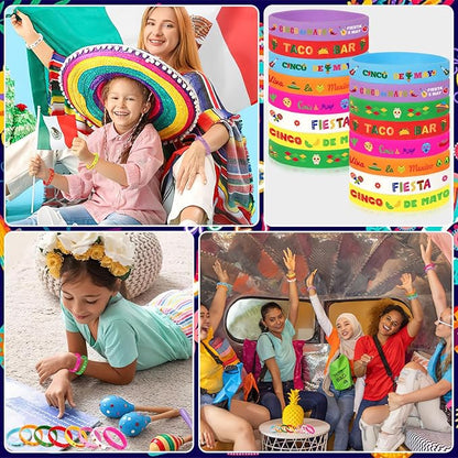 JUNEBRUSHS 24pcs Mexican Fiesta Party Favors Silicone Bracelets Cactus Guitar Hat Rubber Wristbands for Fiesta Mexican Birthday Party Decorations Gift Goodie Bag Stuffers(8 Designs)