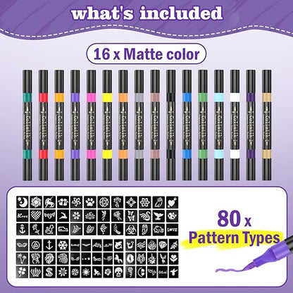 Temporary Tattoo Markers for Skin – Dual-End 16 Colors + 80 Stencils Kit, Skin-Safe Washable Cosmetic-Grade Body Art Pens for Kids & Adults
