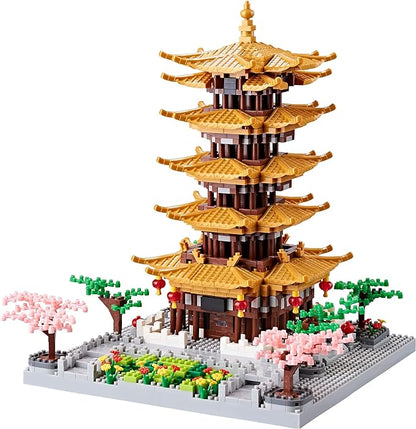 Chinese Ancient Famous Architecture Micro Building Blocks Set for Adults Yellow Crane Tower with Sakura Tree Cherry Plants, Toys for Kids Age of 14+ 2200 pcs