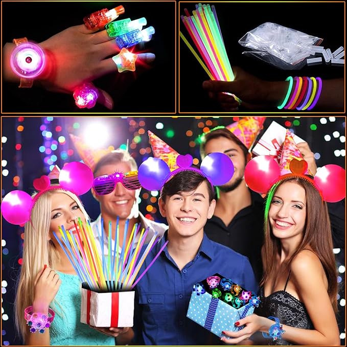 105Pcs Glow in the Dark Party Supplies, Neon Party Favors Rings Glasses Glow Bracelet Headband Finger Lights Glow Stick Light Up Tube Wedding Concert Bash Birthday Graduation Glow Party