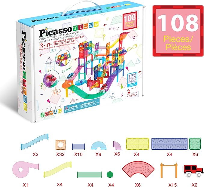 PicassoTiles 108pc 3-in-1 Marble Run Car Race Track Combo Magnetic Tiles PicassoToys Magnet Building Block Educational Construction Toy Playset STEM STEAM Learning Kit Child Brain Development PTG108