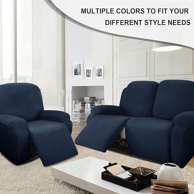 Stretch Jacquard Recliner Sofa Covers 3 Seat Soft Recliner Chair Covers Sofa Slipcover with Pocket and Elastic Bottom Furniture Protector for Kid,Pets（Checks,Navy Blue）