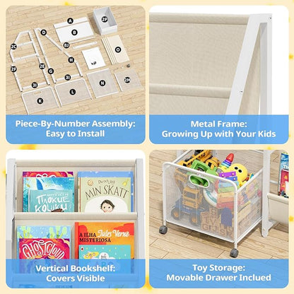 Kids Bookshelf and Toy Storage Organizer - 3 Tier Book Shelf for Kids Rooms with Movable Drawer, Kid Bookcase with 2 Toy Bins, Toddler Baby Childrens Bookshelf, for Bedroom Playroom Classroom (White)