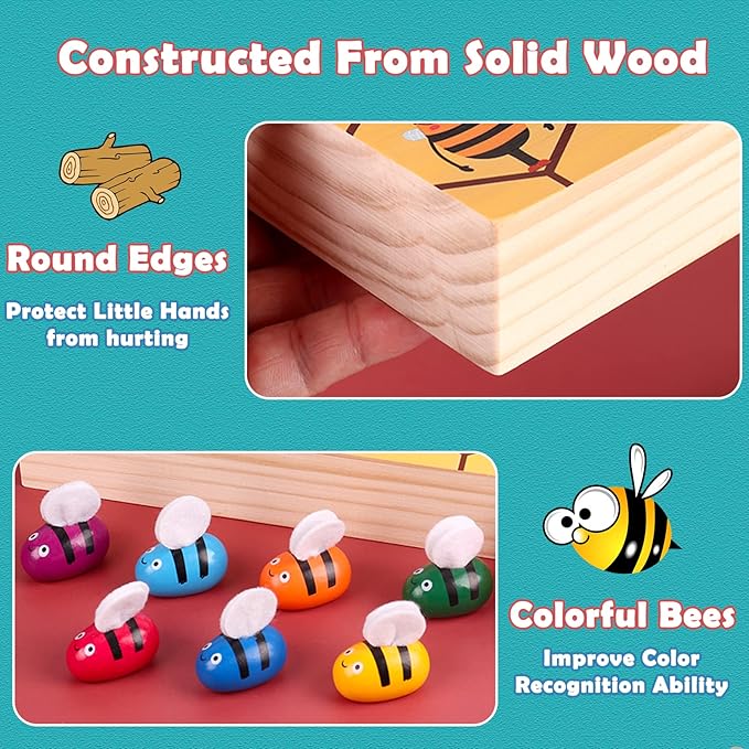 Toddler Fine Motor Skill Toy, Bee to Hive Matching Game, Montessori Wooden Color Sorting Matching Toy, Preschool Educational Learning Toys Gift for Toddler 3 Years Old