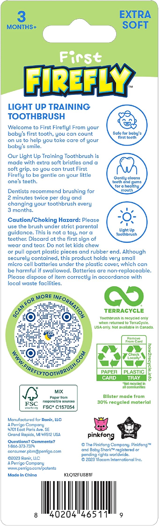 FIREFLY First Firefly Training Light Up Toothbrush, Baby Shark, Yellow