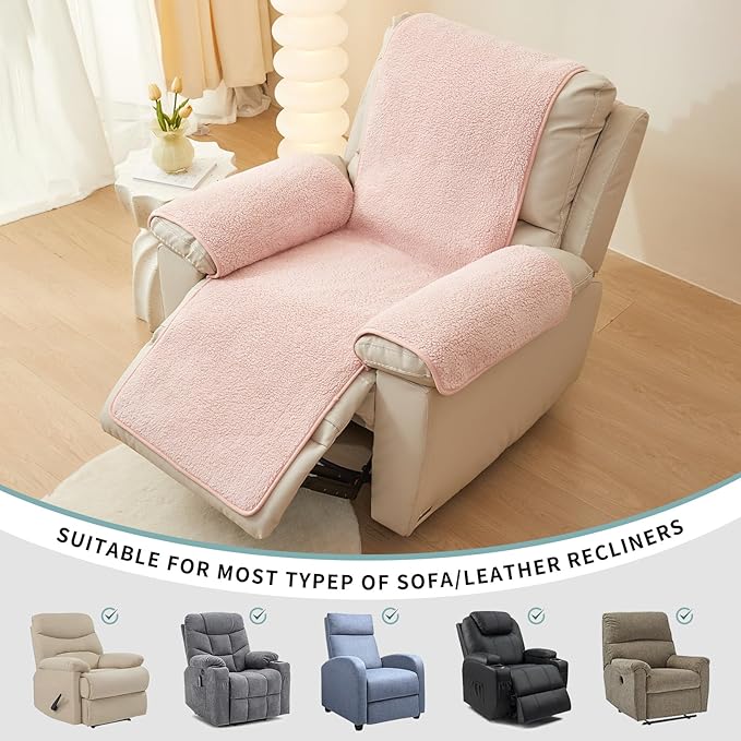 vctops Sherpa Fleece Recliner Chair Cover Super Soft Warm Plush Sofa Slipcover Furniture Protector Non Slip Washable Reclining Chair Cover for Kids, Pets (Pink,30"x91")