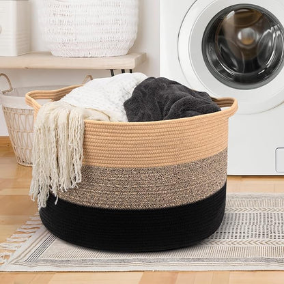 Maliton Large Woven Blanket Basket, 22" X 22" X 14" Storage Baskets for Organizing, Round Cotton Rope Toy Basket for Living Room, Bedroom- Rope Laundry Hamper with Handles - Nursery Bin