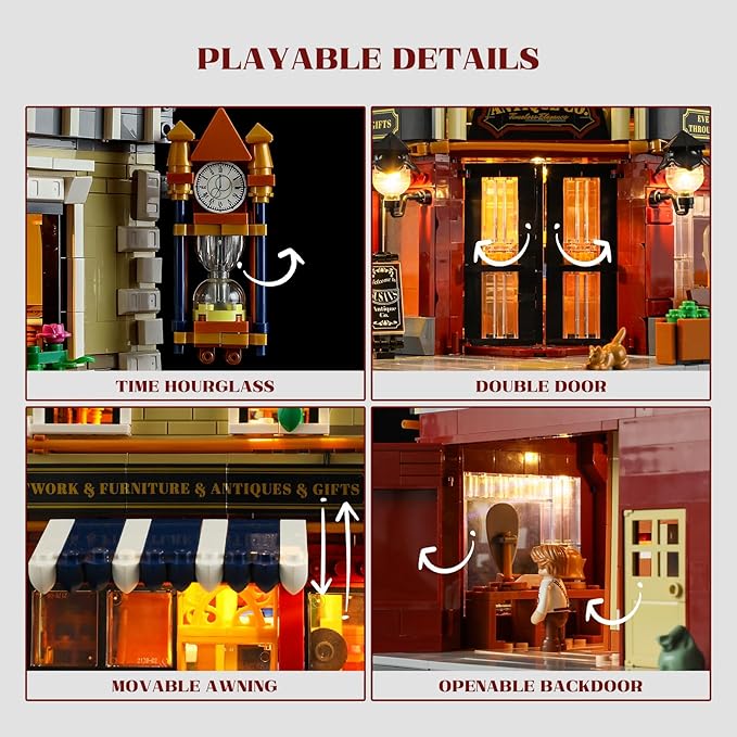 FUNWHOLE Antique-Store Lighting Building-Bricks Set - City Town Corner Collectibles Shop LED Light Modular Building Model Set 2847 Pcs for Adults and Teen