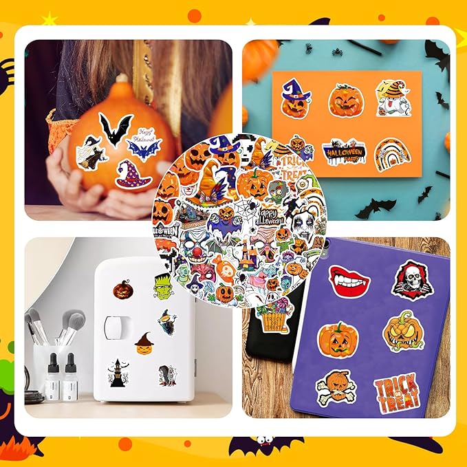 36pcs Halloween Slap Bracelets Assorted Bulk Pumpkin Snap Wristbands and 50Pcs Stickers Party Favors Gift Filler Supply