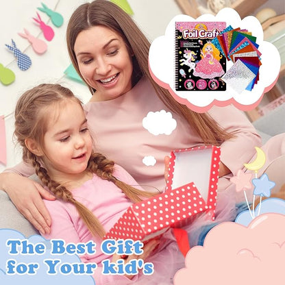 Syahro Art Craft Activity for Kids: Foil Funny Princess, Unicorn and Mermaid Carefree Creative Travel Set, Idea for 3 4 5 6 7 8 9 Year Old Girls，Art Travel Toy Suitable for Girls