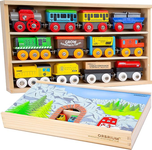 Orbrium 12 Wooden Train Cars Set with Wooden Storage Box with Box Cover Tunnel for 3,4,5,6,7 Years Old Compatible with Thomas & Friends Push-Along, Brio, IKEA, Imaginarium, Melissa and Doug
