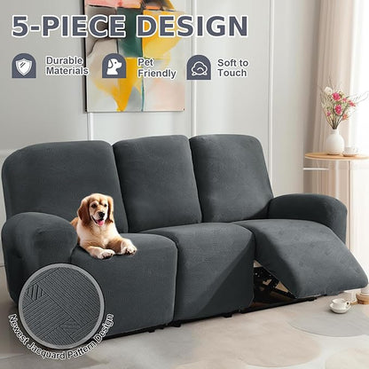 JIVINER Recliner Couch Cover, Jacquard 5 Piece Stretch Sofa Covers for 3 Cushion Reclining Lazy Boy Soft Washable Sofa Slipcovers Protector with Pockets (Recliner Sofa, Dark Gray)