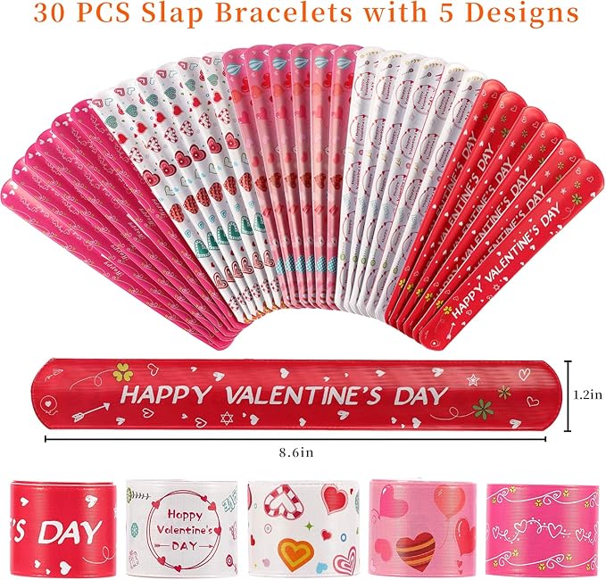 Mibor Valentines Day Cards for Kids - 30 Pcs Dinosaur Gift Cards + 30 Pack Slap Bracelets for Valentines Party Favors, Valentines Day Cards for Kids Party Decorations, Valentines Gift Snap Bracelets