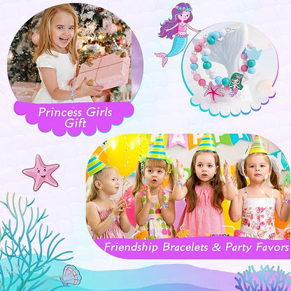 Kids Bracelets Mermaid Party Favors - 12 Pack Cute Toddlers Little Girls Ocean Wooden Beaded Bracelets, Costume Play Jewelry Princess Birthday Goodie Bag Stuffers Pinata filler Classroom Prize Gifts