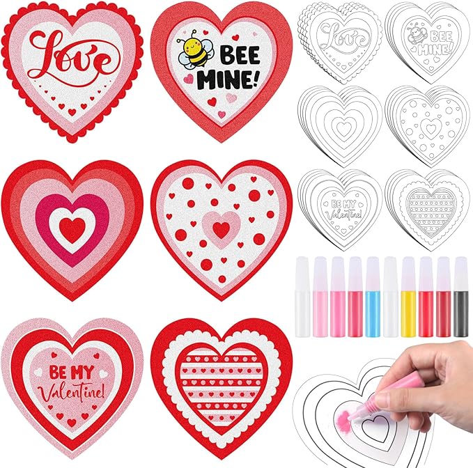 24 Set Valentine Hearts Sand Art Craft Kit for Kids 4.72 Inch DIY Valentine's Day Sand Painting Kit with Colored Sand Brush Heart Sand Art and Crafts for Valentines Home Classroom Activities