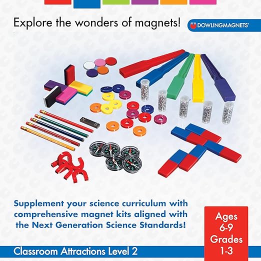 Dowling Magnets Classroom Attractions Comprehensive Magnet Lab: Level 2, Grades 1-3 (Ages 6-9). Classroom Magnets/Science Kit/STEM Kit/Kids Magnets for Classroom/Science Experiments. Item 731302.