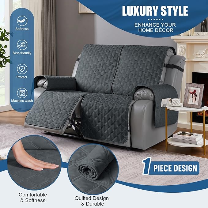 TAOCOCO 100% Waterproof Recliner Covers, Recliner Sofa Covers with Leg Straps, Reversible Recliner Couch Cover for Reclining Chair, Washable Couch Protector for Pets Kids(2 Seater, Dark Gray)