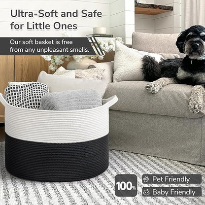 INDRESSME Large Cotton Rope Baskets for Storage, 21.7 x 13.8 Blanket Storage for Living Room Toy Baskets Kids, Baby Laundry Basket for Dirty Clothes, Pillows, 90L White & Black