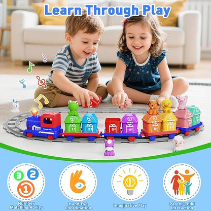 Train Set for Toddlers 2-4, Electric Toy Train with Farm Animals & Music & Lights, Montessori Counting & Sorting Learning Toys for 1 2 3 Year Old Boys Girls, Christmas Easter Birthday Gift