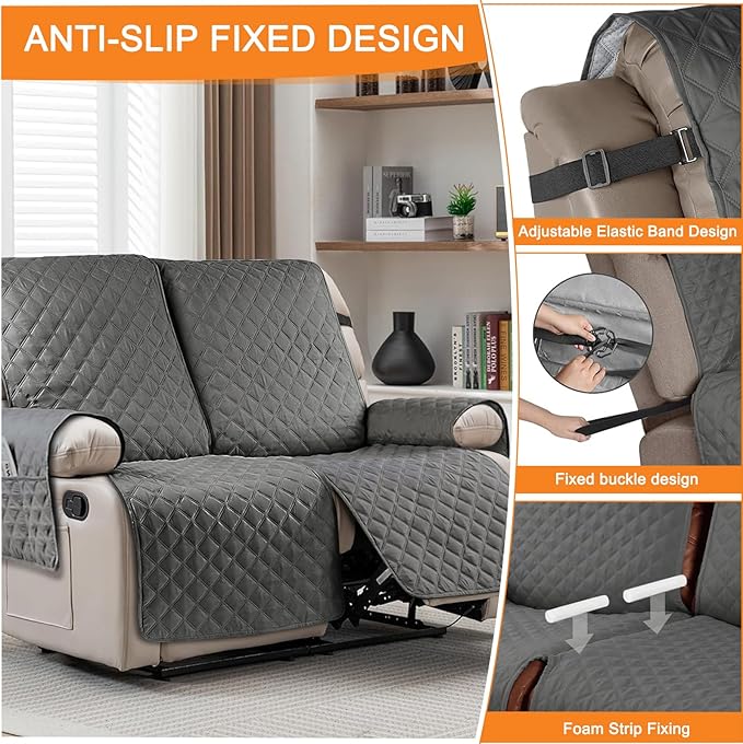 Loveseat Recliner Cover Non-Slip Sofa Slipcover, Pet Covers for Loveseat Recliner with Elastic Straps, Washable Loveseat Cover Recliner Furniture Protector (2 Seater, Dark Gray)