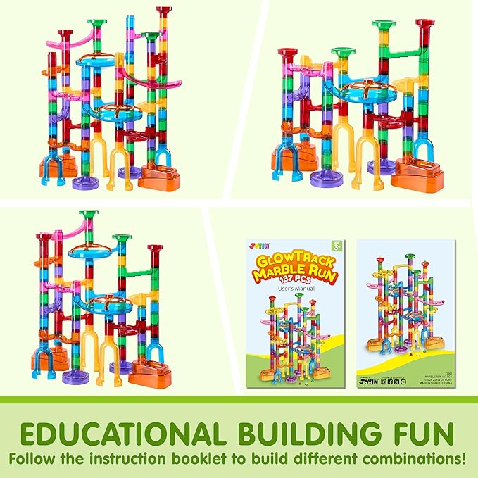 JOYIN 137Pcs Glowing Marble Run - Construction Building Blocks Toys with 15 Glow in The Dark Plastic Marbles, STEM Toy Presents for Boys and Girls