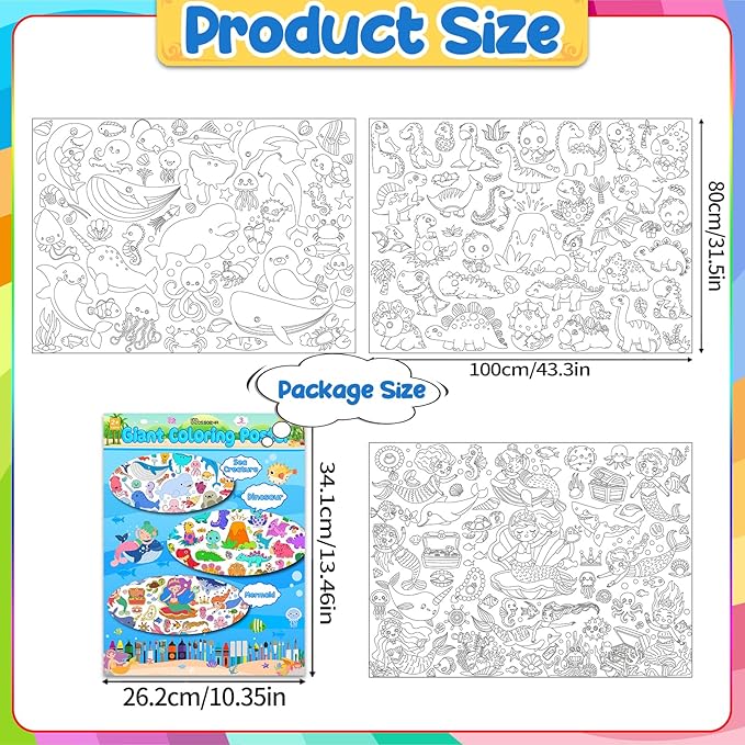 3Pack Giant Coloring Poster, Large Coloring Poster for Kids, Dinosaur, Mermaid, and Sea Animal Huge Big Coloring Page Craft with for Classroom Home Coloring Activities Birthday Gifts Party Favors