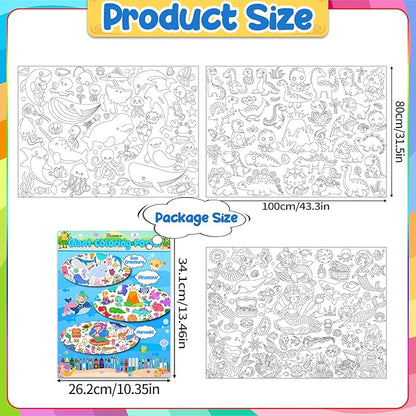 3Pack Giant Coloring Poster, Large Coloring Poster for Kids, Dinosaur, Mermaid, and Sea Animal Huge Big Coloring Page Craft with for Classroom Home Coloring Activities Birthday Gifts Party Favors