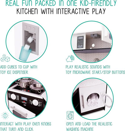 Lil' Jumbl Kids Corner Kitchen Set, Pretend Wooden Deluxe Play Kitchen, Battery Operated Icemaker, Stovetop & Faucet with Realistic Sound - Black