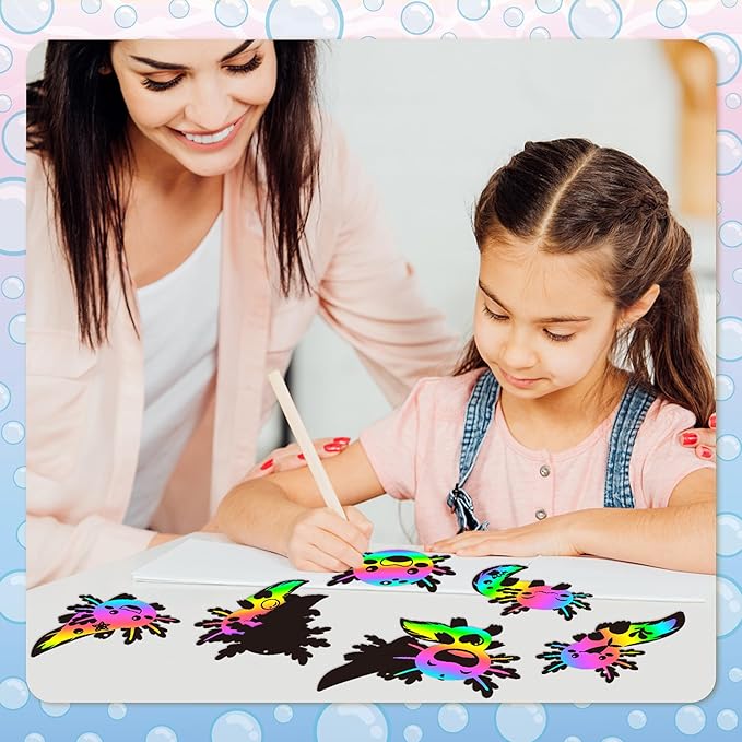 B1ykin 60Pcs Axolotl Scratch Card Gifts Ornaments Set, DIY Magic Axolotl Scratch Cards Craft Kit for Kids, Black Hanging Tags Party Favors for Birthday School Classroom Art Activity