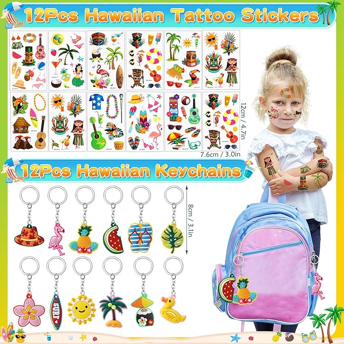 122Pcs Hawaiian Party Favors Summer Pool Beach Birthday Party Supplies Straw Stamp Bracelet Tattoo Sticker Keychain Pinata Goodie Bag Toy Gift Prize Filler Stuffer Kids Tropical Luau Party Supplies