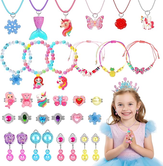 Kids Jewelry for Girls, 28 Pcs Unicorn Toys for Girls Age 4-6, Girl Toys Play Rings Necklaces Bracelets, Costume Jewelry for Girls, Princess Party Birthday Christmas Gifts for 2 3 4 5 6