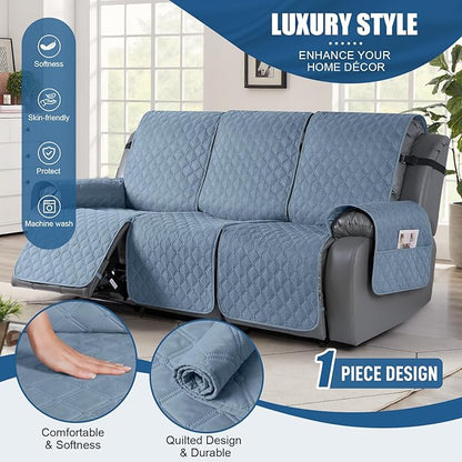 TAOCOCO 100% Waterproof Recliner Covers, Recliner Sofa Covers with Leg Straps, Reversible Recliner Couch Cover for Reclining Chair, Washable Couch Protector for Pets Kids(3 Seater, Sky Blue)