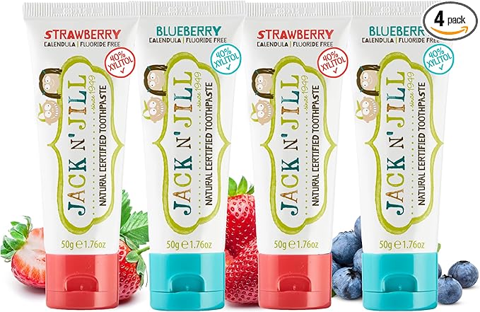 Jack N' Jill Natural Toddler Toothpaste for Baby, Kids and Infants 6 Months & Up, Fluoride Free Training Toothpaste for Toddlers 1-3 (1.76 Fl Oz (Pack of 4), Blueberry & Strawberry)
