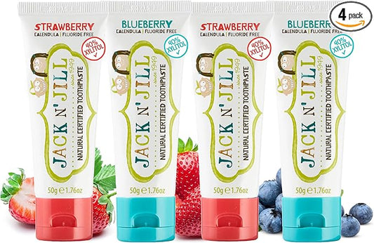 Jack N' Jill Natural Toddler Toothpaste for Baby, Kids and Infants 6 Months & Up, Fluoride Free Training Toothpaste for Toddlers 1-3 (1.76 Fl Oz (Pack of 4), Blueberry & Strawberry)