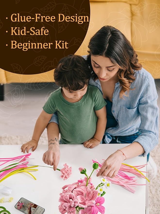 LENYNAL 500 Pcs Pastel Pipe Cleaners Craft Bulk, Pink Pipe Cleaner Flower Kit, Glue-Free & Safe for Kids, Step-by-Step Tutorial, 6 Colors Chenille Stems for Flower Making