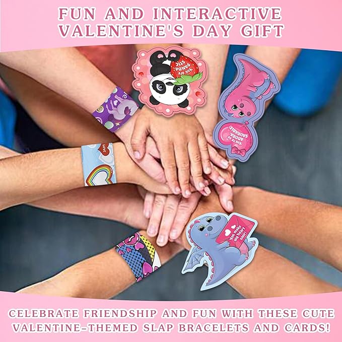 24 Pcs Valentines Day Slap Bracelets for Kids Party Favors, Holiday Slap Bracelets with Colorful Hearts for Girls Valentine's Day Party Decorations Classroom Prizes Birthday Gifts