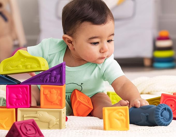B. toys – Elemenosqueeze – Baby Blocks – 26 Soft Sort & Stack Blocks with Alphabet – Architectural Building Blocks – Shapes, Letters & Animals – 6+ Months
