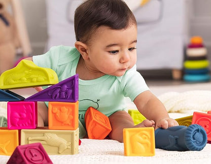 B. toys – Elemenosqueeze – Baby Blocks – 26 Soft Sort & Stack Blocks with Alphabet – Architectural Building Blocks – Shapes, Letters & Animals – 6+ Months