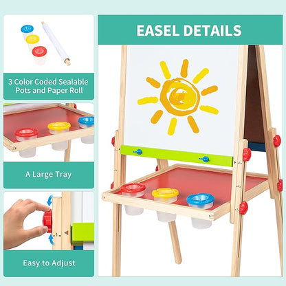 Hape E1010 Magnetic All in 1 Kids Height Adjustable Drawing Dry-Erase Chalkboard Wooden Artist Easel with 3 Paint Pots and Refillable Paper Roll