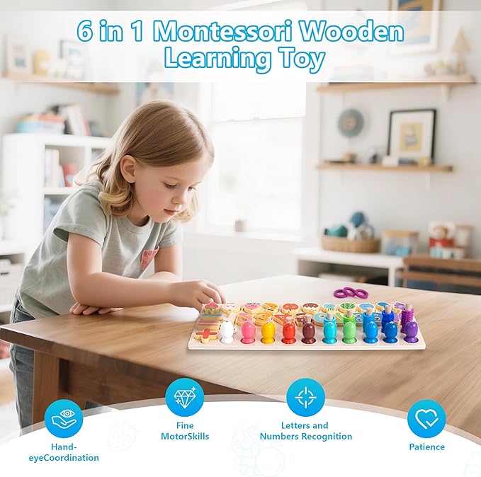 Montessori Magnetic Fishing Game for Toddlers 3 4 5 Year Old - 3-in-1 Wooden Number & Color Sorting Toy, Fine Motor Skills Preschool Educational Learning Toys, Birthday Gifts for Boys Girls