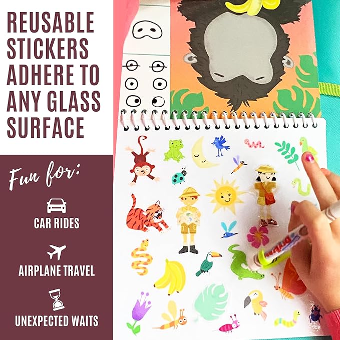 Kids Small Size Travel Educational Activity Book with Washable Markers (7"x7") - Car and Airplane Activities, Learning Toys for Toddlers - Search and Find, Reusable Stickers for Ages 4, 5, 6 (Jungle)