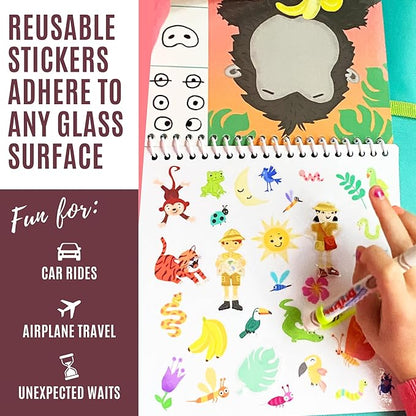 Kids Small Size Travel Educational Activity Book with Washable Markers (7"x7") - Car and Airplane Activities, Learning Toys for Toddlers - Search and Find, Reusable Stickers for Ages 4, 5, 6 (Jungle)