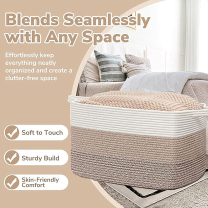 Goodpick 105L Woven Blanket Basket 25" x 16" x 16" Cotton Rope Storage Bins for Dirty Clothes, Extra Large Gift Basket for Living Room Home Decor, Toy Storage Baskets for Kids, Gradient Brown