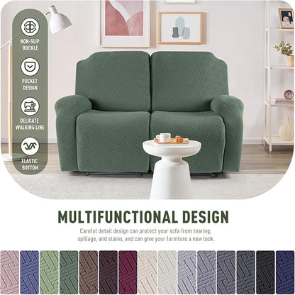 KinCam Recliner Covers, Stretch Reclining Chair Covers, Recliner Sofa Slipcovers Stripe Jacquard Recliner Couch Covers Furniture Protector Covers for Pet Kid (2 Seater, Greyish Green)