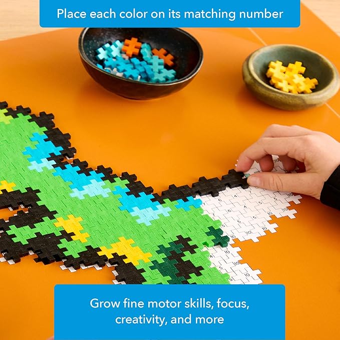 Plus Plus Puzzle by Number, 250 Piece Mini Interlocking Hashtag Color Blocks, 3D Pixel Art Kit for Kids - T-Rex