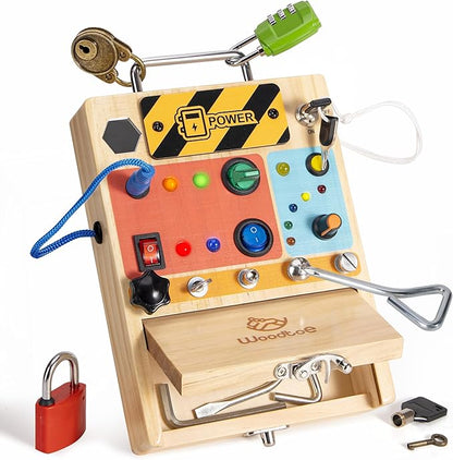 3-in-1 Busy Board with Led Light Switch, Montessori Toddler Screwdriver Board, Sensory Lock and Key Toys, Educational Fine Motor Skills Travel Toys for Toddlers Boys and Girls 3 4 5 Year Old
