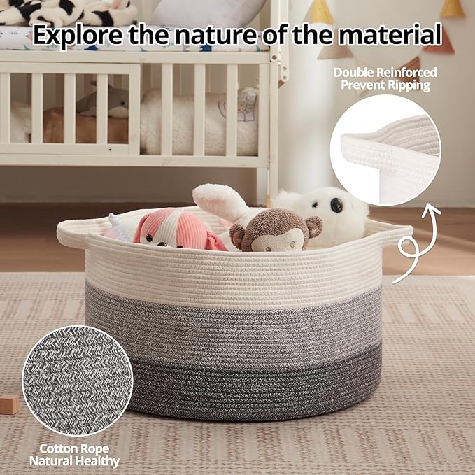 OIAHOMY 90L Blanket Basket for Living Room, Large Basket 23" x 23" x 13" with Handle, Laundry Hamper for Blankets, Pillows, Toy Storage for Kids, Dogs - Gradient Grey