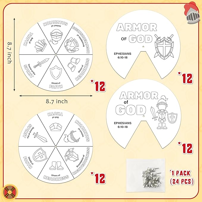 COcnny 24 Sets Armor Of God Color Wheel Craft, Color Your Own Knight Art for Kids, Religious Bible Coloring DIY Crafts Art Cards Game for Sunday School Christian Classroom Home Activities VBS Supplies
