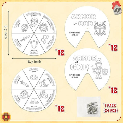 COcnny 24 Sets Armor Of God Color Wheel Craft, Color Your Own Knight Art for Kids, Religious Bible Coloring DIY Crafts Art Cards Game for Sunday School Christian Classroom Home Activities VBS Supplies