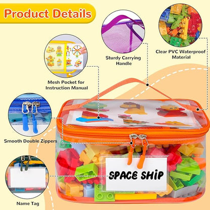 Tesuko 6 Pack Clear Toy Storage Bag with Name Tag& Manual Pocket, Waterproof Transparent PVC Toy Organizer Case for Lego Bricks, Board Games, Building Blocks, Puzzles (Large Capacity, Colorful)